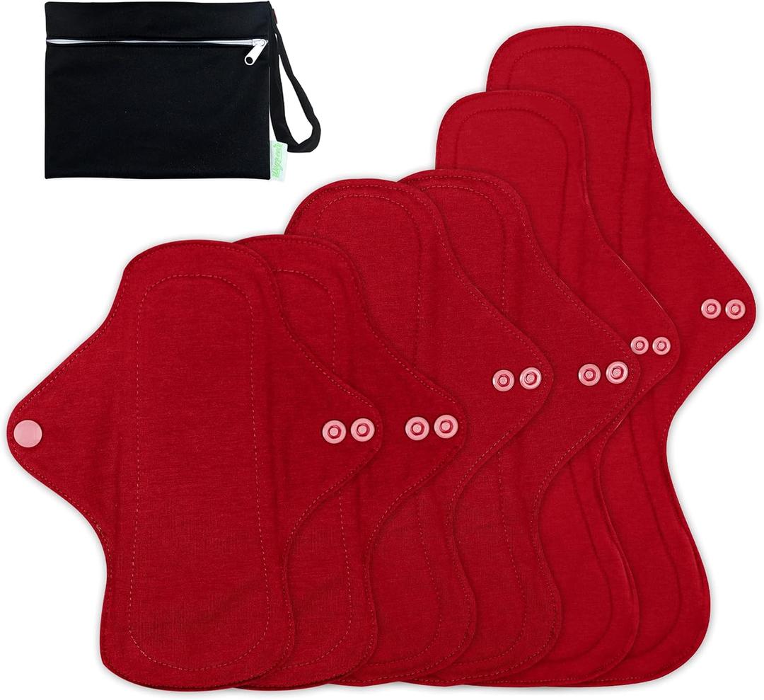 wegreeco 6 Pcs Reusable Menstrual Pads, Ultra Absorbent Cloth Pads for Heavy Flow, Sanitary for Teens, Women, Nonslip Panty Liners + Bag (Burgundy, Starter Kit Set) (7 Piece Set)