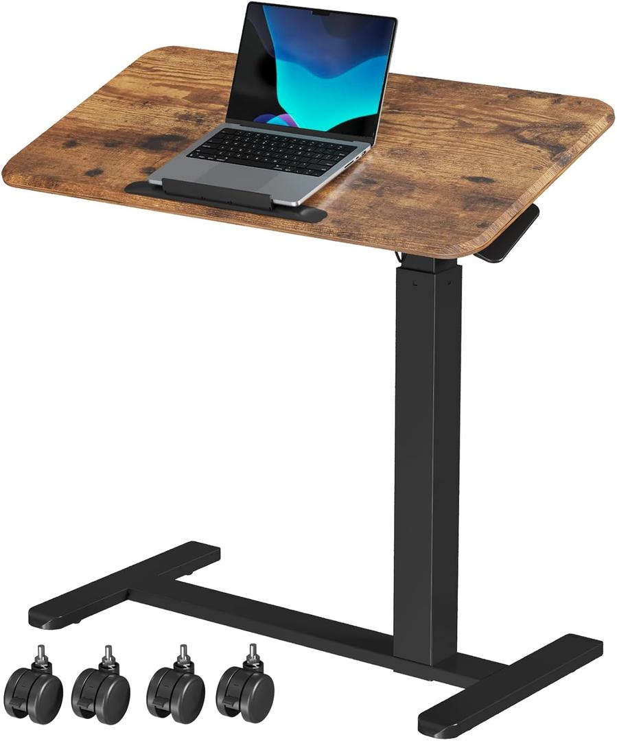 Mobile Standing Desk, Height Adjustable Left/Right Overbed Bedside Table, 90 Tiltable Portable Laptop Desk with Wheels, Foldable Computer Cart for Hospital Home Use, Rustic Brown