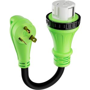 RV Adapter Plug 30 Amp to 50 Amp Cord with Locking Connector, NEMA TT-30P Male to SS2-50R Female, STW, 10AWG, Heavy Duty Electrical Power Cord, 125 Volts 3750 Watts, 1FT, Green