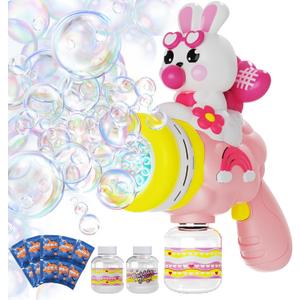 Bunny Bubble Gun Machine for Girl Easter Basket Stuffer, 360 Leak-Proof LED & 10,000+ BPM, Includes Surprise Stickers, Outdoor Birthday for Toddlers Ages 3-6
