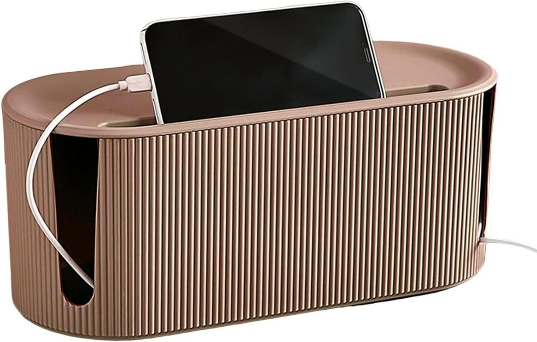 Cable Management Box,Desk Cord Organizer with Groove Cover,Plastic Cord Hider Box,Large Cable Box Organizer,Power Socket Management for TV/Computer/Router/Games Console Cable Storage (Milk Tea)
