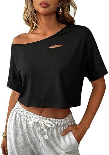 Avanova Women Off The Shoulder Crop Tops Distressed Ripped Short Sleeve Cropped Tee T-Shirt, Large, Black