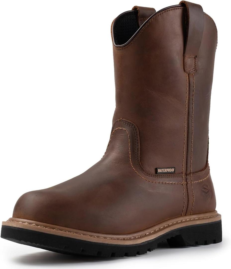 SUREWAY 10in Mens Soft/Steel Toe Waterproof Wellington Work Boot,Heavy Duty Pull On Leather Work Boots,Goodyear Welted,Full Grain Leather,Industrial Safety boot Classic Cowboy Boot,EH Rated (12, Waterproof Soft Toe Brown)