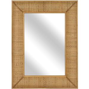 Boho Rattan Wall Mirror Wooden Framed Rectangle Mirror Rattan Decorative Farmhouse Hanging Mirror for Bathroom Vanity Entryway Living Room Home Wall Decor - 23.82" x 1.78" x 31.5"