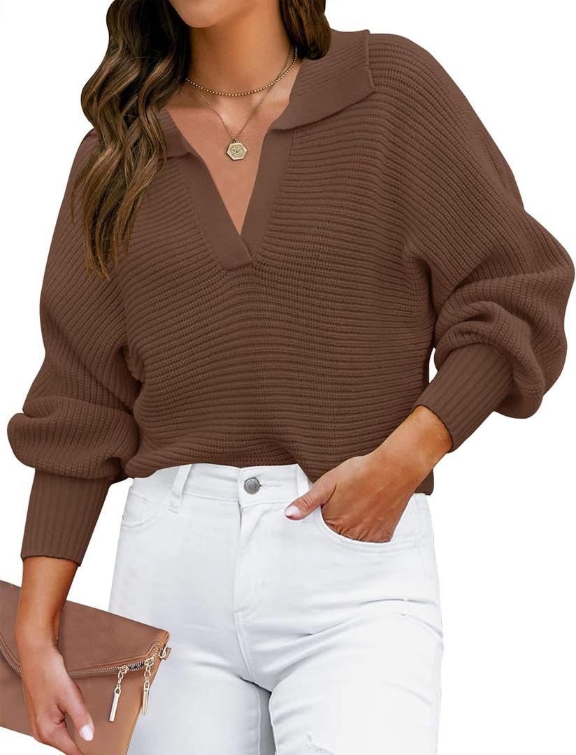 ZESICA Women's Fall Lapel Collar V Neck Long Sleeve Ribbed Knit Comfy Loose Casual Pullover Sweater Jumper Top (Brown, S)