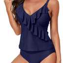 Aleumdr Two Piece Tankini Swimsuit for Women Tummy Control Bathing Suits Ruffled Top with Bikini Bottoms Swimwear (X-Large, A Navy Blue)