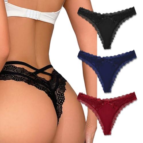 Avidlove Women's Panties Sexy Lace Underwear Criss Cross Back Thong Breathable Tanga Bikini Panties 3 Packs-2, S