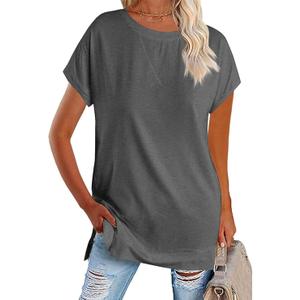 Women's Round Neck Solid Color T-Shirt Side Slit Casual Short-Sleeved Summer Sports Tunic Top, XXL