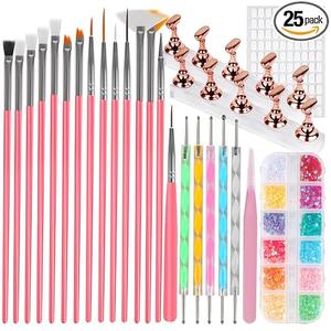 vivinin 25PCS Nail Art Tools Set, Includes Nail Art Brushes, Nail Stand, Dotting Tools, Striping Liner Fingernail Drawing Pens, Jelly Glue, tweezers, Sequins, Professional Nail Art Supplies Kit
