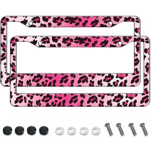 BTFLFDR Pink Leopard Print License Plate Frames Stainless Steel Frame Holder Car Accessories Decorative 2 Pcs Set for Girl Women Vehicles
