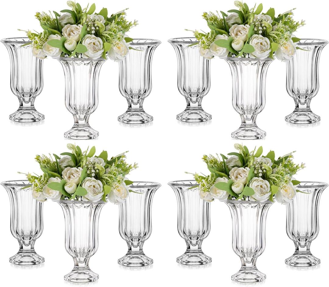 Glasseam Ribbed Glass Vase for Flowers, 7.5in Tall Vases for Centerpieces, Modern Crystal Clear Vase Set of 12, Decorative Flower Vases for Decor, Fluted Footed Urn for Wedding Dining Table Decoration (Large)