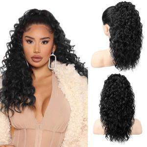 HOOJIH Ponytail Extension for Black Women - Curly Wavy Drawstring Ponytail Hair Extensions - Extra Fluffy Fake Pony Tail - 18 Inch Synthetic Hairpiece for Daily Use - Natural Black