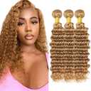 Color 27 Bundles Blonde Deep Wave Bundles Human Hair 8A Grade Double Weft Brazilian Virgin #27 Honey Blonde Human Hair Extensions (10 10 10 inch)