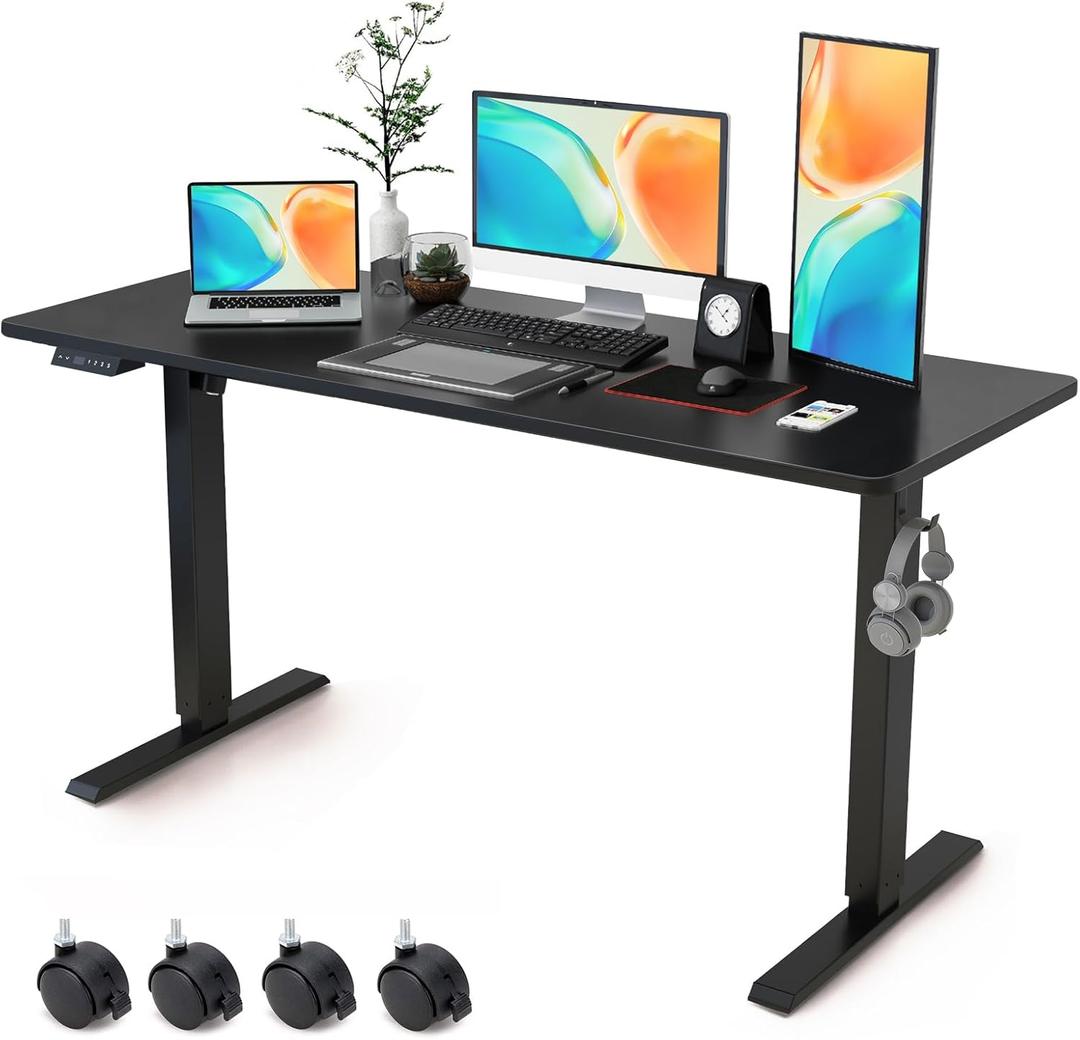 Electric Standing Desk Adjustable Height - Rolling Sit to Stand Desks on Wheels - Mobile Standup Computer Table 55 Inch Black One Piece Desktop and Rising Frame with Storage for Home Office & Gaming