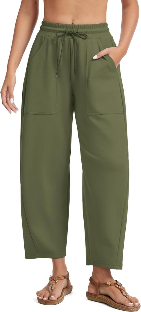 H Hellisal Women's Barrel Wide Leg Sweatpants Summer Casual Travel Lounge Pants Elastic Waist Palazzo Harem Pants with Pockets Dark Green, 26