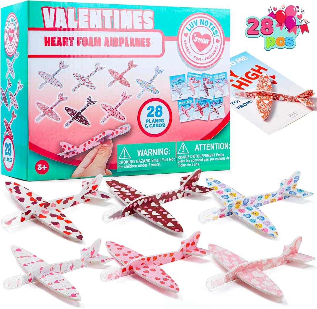 JOYIN 28 Pack Valentine's Day Greeting Cards with Foam Airplanes, Valentine Classroom Exchange, School Gift Exchange Game Prizes (Mixed)