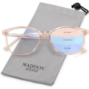 Madison Avenue Vintage TR90 Progressive Multifocus Blue Light Blocking Reading Glasses for Women, Square Anti Glare/Eyestrain Computer Readers 3.0 (Gradient Multifocus-clear Brown)