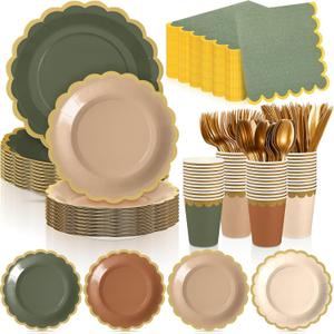 Mimorou 338 Pcs Sage Green and Brown Plates and Napkins Party Supplies for Guests Woodland Baby Shower Tableware Include Forest Scalloped Plates Paper Napkin Cup Spoon Fork Knife for Wedding Birthday