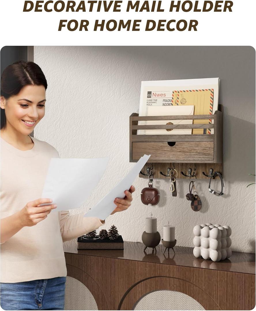 Rebee Vision Farmhouse Wood Mail Organizer Wall Mount - Key and Mail Holder for Wall with Storage Drawer and 7 Key Hooks - Rustic Home Decor for Entryway, Office and Garage (Retro Brown)