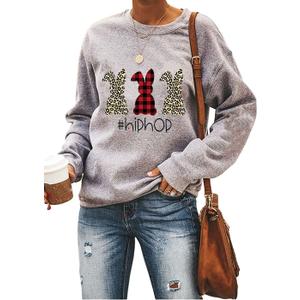 Ykomow Happy Easter Sweatshirt Women Long Sleeve Cute Bunny Rabbit Graphic Tees Pullover (Large, Grey-2)