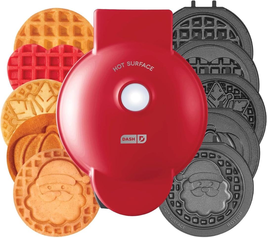 DASH Holiday Multimaker Mini System - Waffle Maker with Six 4 Removable Holiday Plates: Waffle Iron & Griddle, 4-in-1 Mini Waffle Maker for Kids and Families  Nonstick Surface, Santa Waffle (Red) (6 Plates)