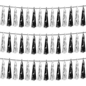 3P Black Silver Foil Fringe Metallic Tassel Streamers Banner Tassel Garland for Parade Floats, Graduation, Wedding, Birthday, Halloween, Christmas, Bridal/Baby Shower Party Decorations