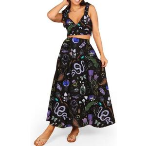 Women 2 Piece Maxi Skirt Set Casual Summer Outfit Halloween Dress V neck Tank Top Travel Vacation Floral Dresses (Black, XL)