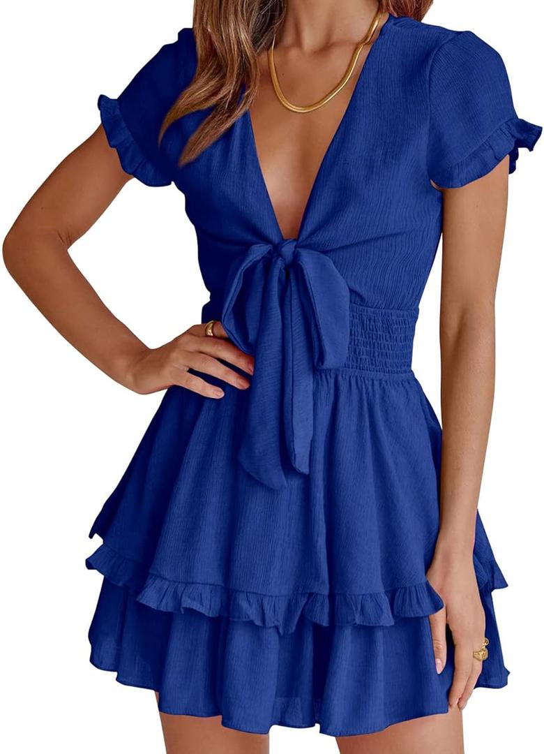 PRETTYGARDEN Women Summer Mini Short Dress 2025 Short Sleeve Casual Beach Vacation Sundress V Neck Tiered Sun Dresses (XX-Large, Royal Blue)