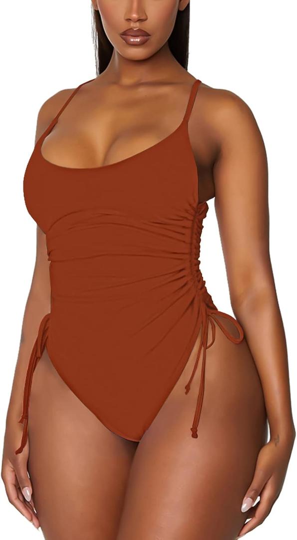 Viottiset Women's Ruched High Cut One Piece Swimsuit Tummy Control Bathing Suit Monokini (Large, Burnt Orange)