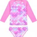 Snowheart Girls Swimsuit Long Sleeve Rash Guard | Multicolor for beach, pool, summer vacation. Stretch fabric, quick dry, breathable. UPF 50+ sun protection. (Pink)