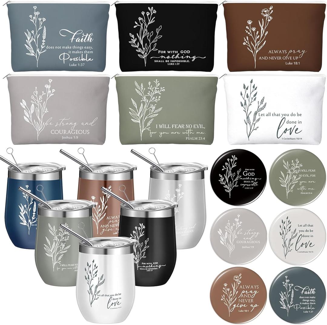 Fumete 6 Sets Christian Gifts Set for Women 12 oz Bible Verse Cups with Lid and Straw Church Tumbler with Religious Cosmetic Bags Mirrors Mother Nurse Teacher Appreciation Gift, Skinny