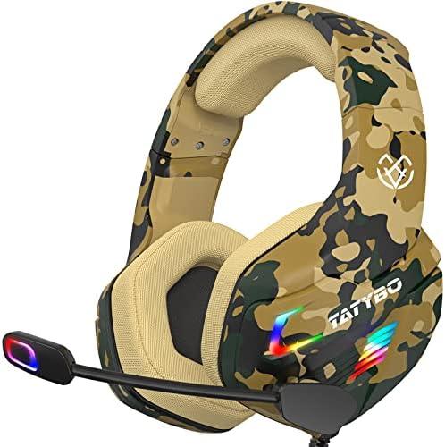Tatybo Gaming Headset for Ps5 Ps4 Xbox One Switch PC with Noise Cancelling Mic, Surround Sound PS5 Gaming Headphones with RGB Light