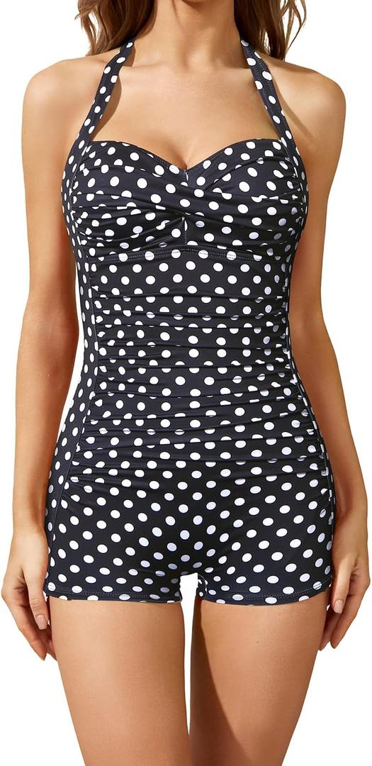 Tempt Me Women Tummy Control One Piece Swimsuits with Shorts Boyleg Retro Bathing Suit Halter Swimwear (X-Large, Polka Dot)