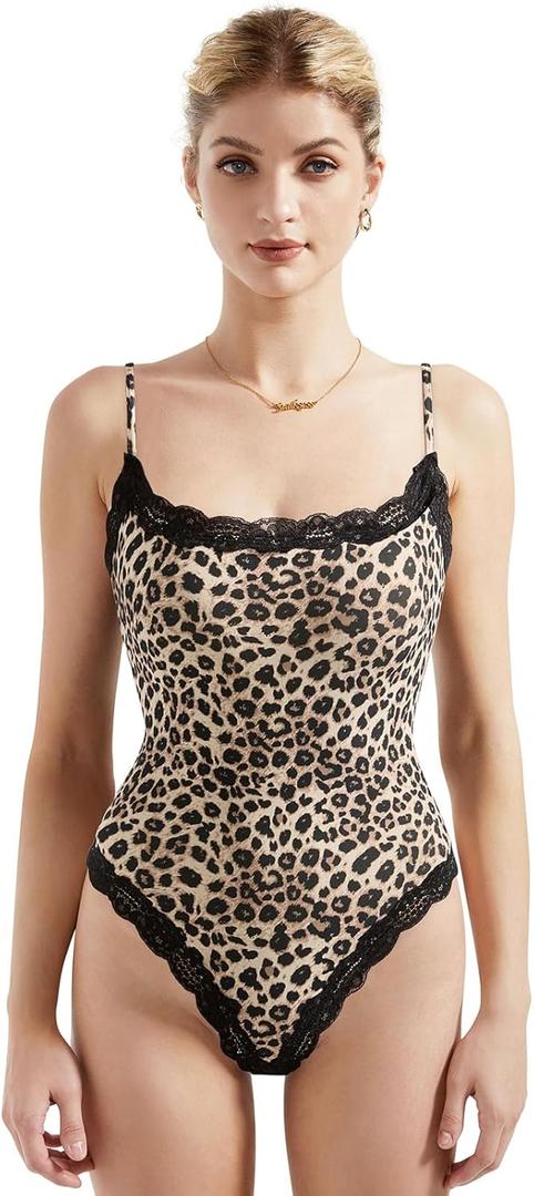 SUUKSESS Women Square Neck Lace Bodysuit Sleeveless Spaghetti Strap Tank Top (Large, Cheetah Print)