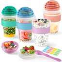 4 Pack Yogurt Parfait Cups with Lids Reusable, 20 oz Plastic Overnight Oats Containers with Lids Spoons Granola Compartment for Fruit Nuts, To Go Overnight Oat Jars for Oatmeal, Snack, Breakfast Prep (Orange, Blue, Purple, Green)