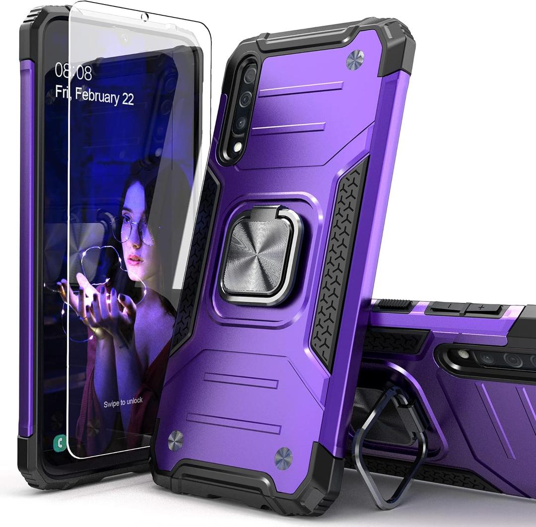 for Galaxy A50 Case with Tempered Glass Screen Protector,Hybrid Drop Test Slim Fit Cover with Car Mount Kickstand Slim Fit Protective Phone Case for Galaxy A50/A30S/A50S,Purple