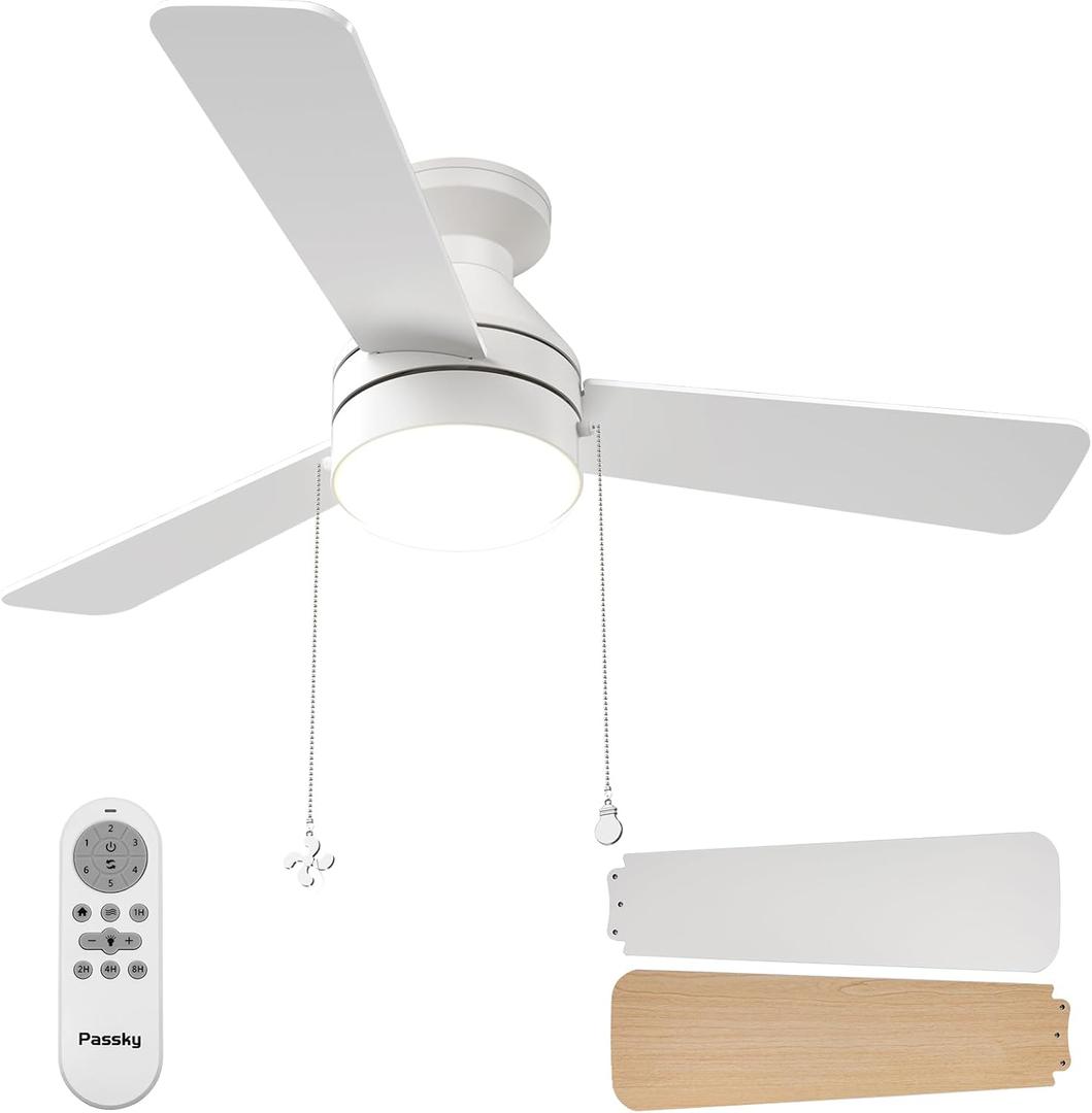 Passky Ceiling Fans with Lights, 42 inch Low Profile Ceiling Fan with Pull Chain and Remote Control, Flush Mount, Reversible, 5CCT, Dimmable, Noiseless, White Pull Cord Ceiling Fan for Bedroom