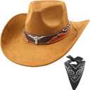 Carnavalife Cowboy Hat for Women Men with Wide Brim Western set with black bandana for Cowboys and Cowgirls (Brown)