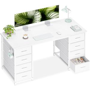 Casaottima 48 Inches Computer Desk with 8 Fabric Drawers, Modern Office Desk with Large Storage for Home Office, Study, White