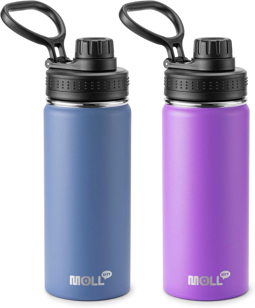 Kids Water Bottle 2 Pack-16 oz Stainless Steel Double Wall Vacuum Insulated Wide Mouth Sports Water Bottle Flask with Leakproof Spout Lid (Royal Blue-Purple)