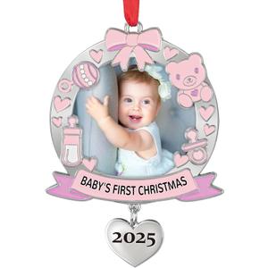 Babys First Christmas Photo Ornament 2025 Girl - My First Christmas Xmas Tree Picture Frame Ornament - Personalized 1st Christmas Baby Ornaments 2025 - Baby Xmas Decoration Gifts (Pink)