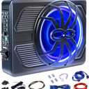 1000W Car Subwoofer, 10'' Slim Under Seat Powered Car Subwoofer w/Built-in Amplifier & Hi/Lo Input, Bass Speaker Subwoofer with Blue Light, Individual Control, for Car/Truck/SUV/Jeep/MPV, Spider Style