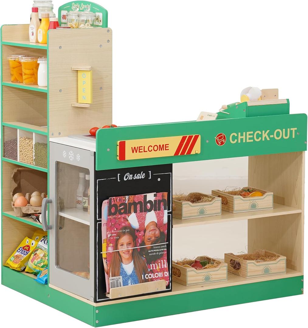 Wooden Grocery Store Playset for Kids, Pretend Play Market with Checkout Counter, Manual Conveyor Belt, Pretend Scanner, and Multiple Display Shelves, Interactive Toy Grocery for Boys & Girls Ages 3+