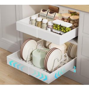 2 Pack Pull out Cabinet Organizer 21" Deep With Raising Pad for Framed Cabinets, Expandable Slide out Drawers for Kitchen Cabinets with 4pcs Divider Racks, Roll out Shelves 9"-14" W White