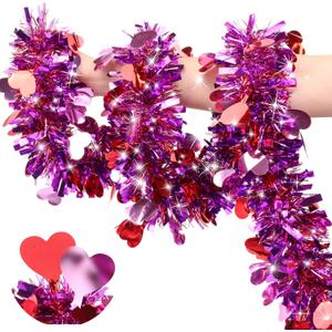 50 FT Red Pink Purple Valentines Day Decor Heart Tinsel Garland Valentines Day Decorations Metallic Glitter Hanging Garlands for Home Indoor Wedding Party Mantel Romantic Decor