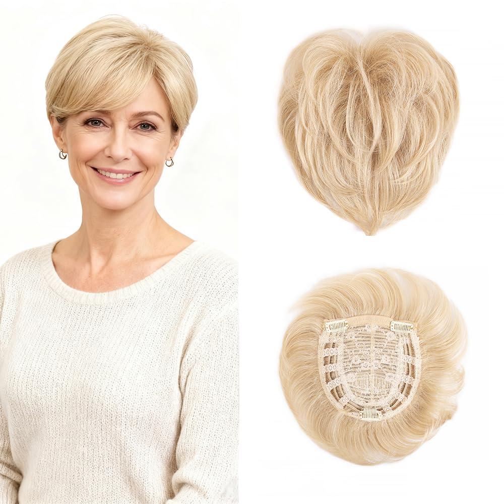 Short Hair Topper for Thinning Hair 5.5 Inch Short Pixie Cut Toppers Pieces Natural Curly Texture Synthetic Golden Blonde Wiglets Hairpieces (5.5 inch)