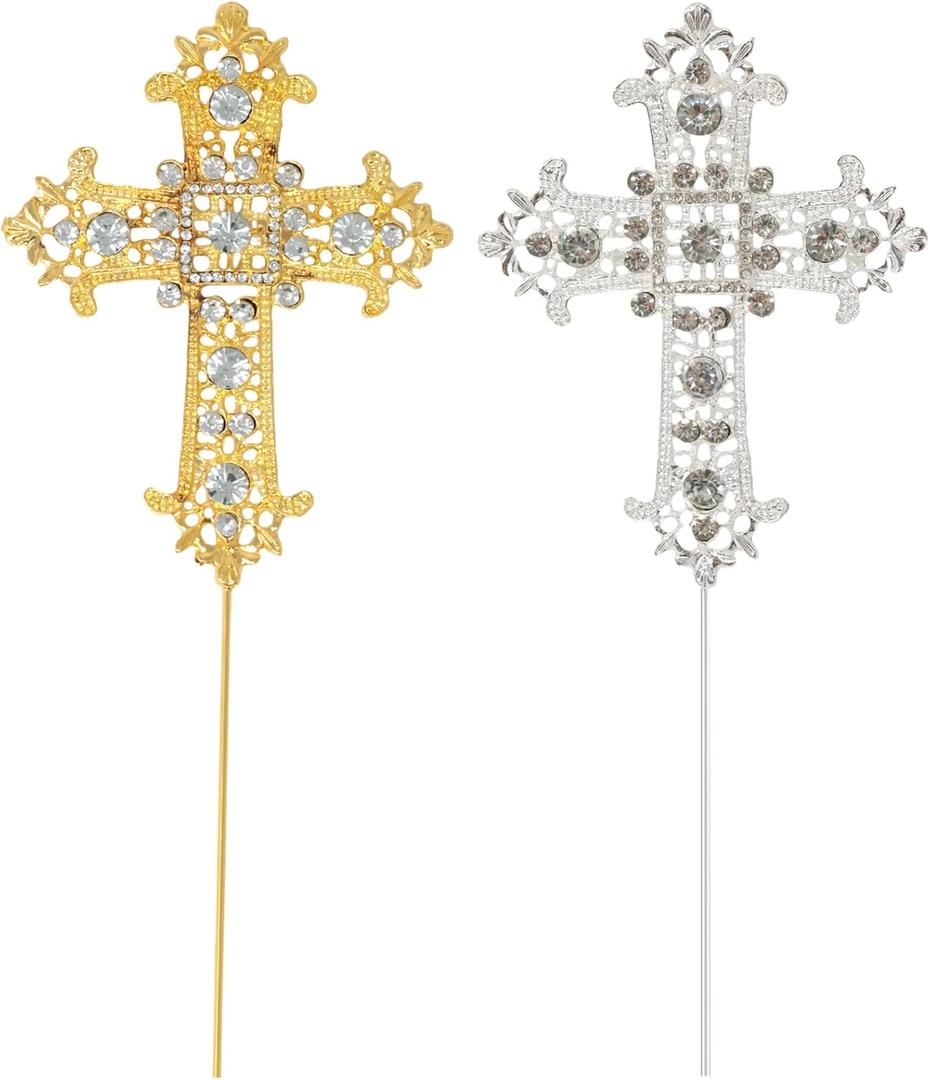 Honbay 2PCS Sparkly Cross Cake Topper Classy Alloy Crystal Rhinestones Cross Cake Decoration for Easter Religious Party First Holy Communion Baptisms Valentine's Day Wedding Christenings Decorations