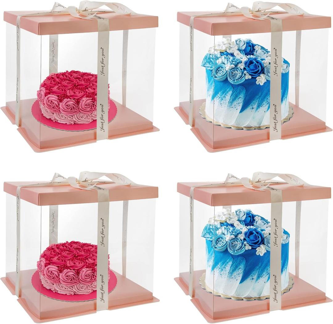 HOYA PONYOO 5 Pack Clear Cake Box Carrier 10" X 10" X 9" Cake Packaging Container with Ribbon Transparent Boxes with Lid Gift Package for Birthday Wedding Party, Pink