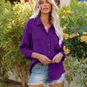 Satin Button Down Shirts for Women Long Sleeve Slim Fit Office Blouses Casual Business Silk Tops with Pocket S-XXL (Purple, S)