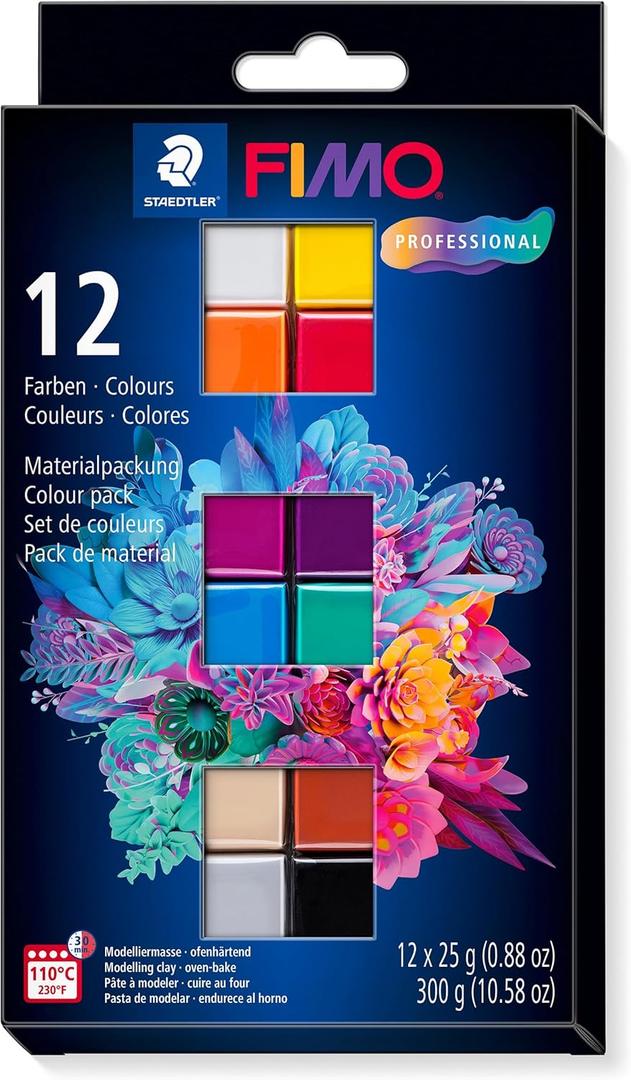 STAEDTLER 8043 C12-1 FIMO Professional Oven-Hardening Polymer Modelling Clay - Assorted Colours (Pack of 12 x 25g Blocks) (12 Halbblcke, Basic-farben)